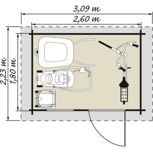 Grundriss Kiehn-Holz Gartenhaus KH 19-006 Unberührt (260x180cm) mit Geräten wie Schubkarre, Rasenmäher und Fahrrad.
