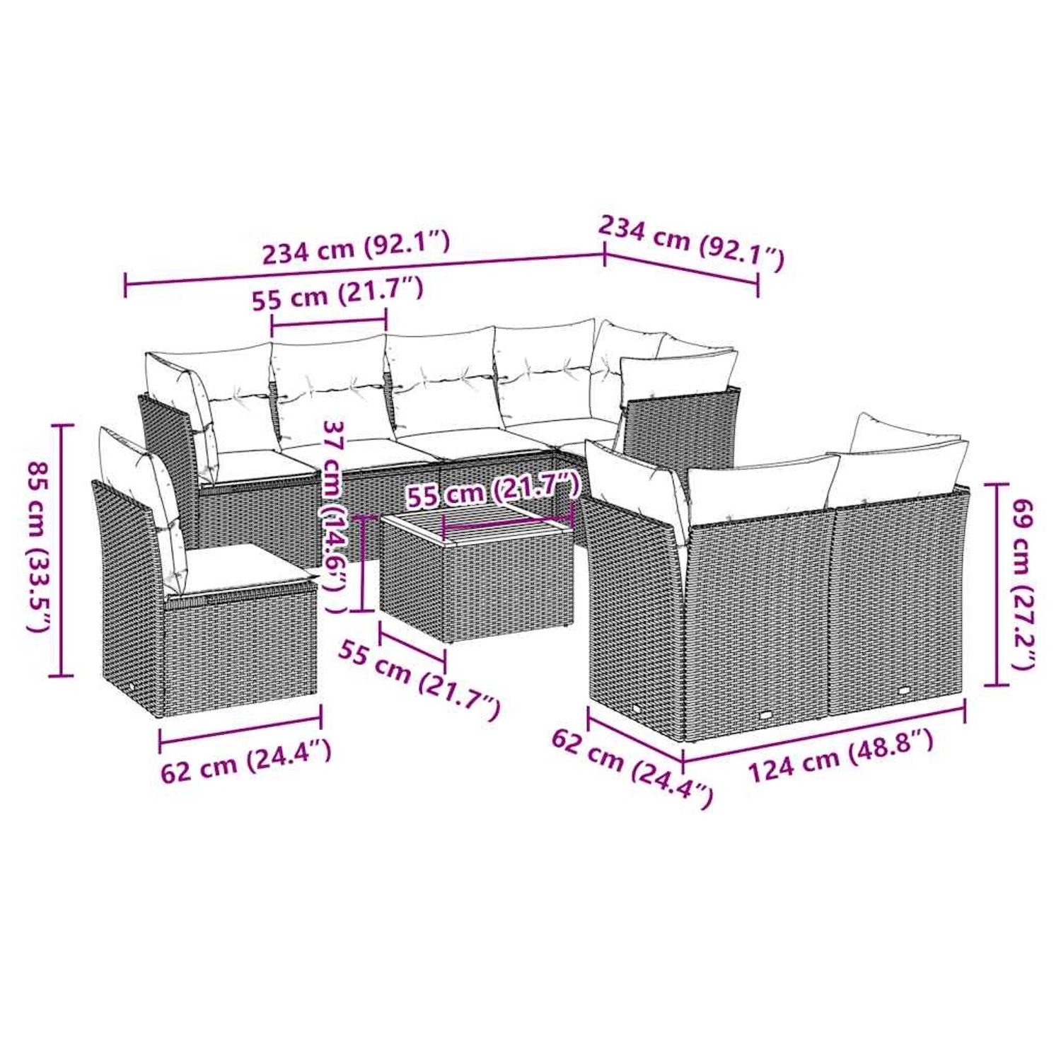Graue 9-teilige Garten-Sofagarnitur aus Polyrattan mit Kissen. Gartenmöbel für Terrasse und Garten.