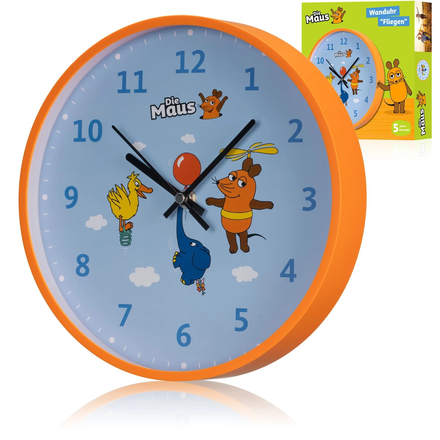 Blaue Kinderwanduhr mit Elefant-Motiv der Sendung mit der Maus, Ø 25 cm.
