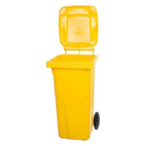 Gelbe 120-Liter-Mülltonne mit Rädern und offenem Deckel, aus HDPE-Kunststoff.