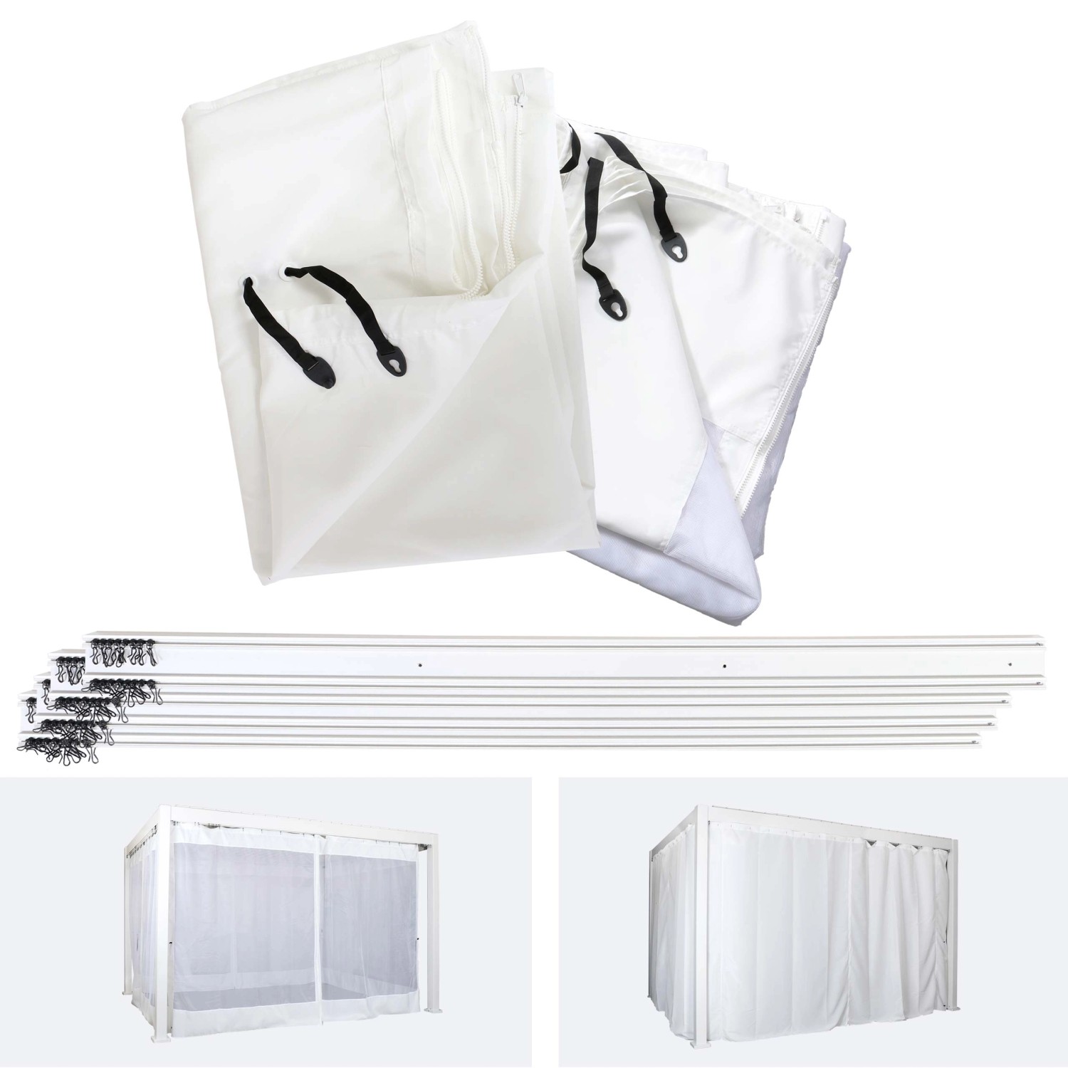 Weiße Seitenwand für MCW Pergola J32 3x4m, inklusive Schienen und Moskitonetz.