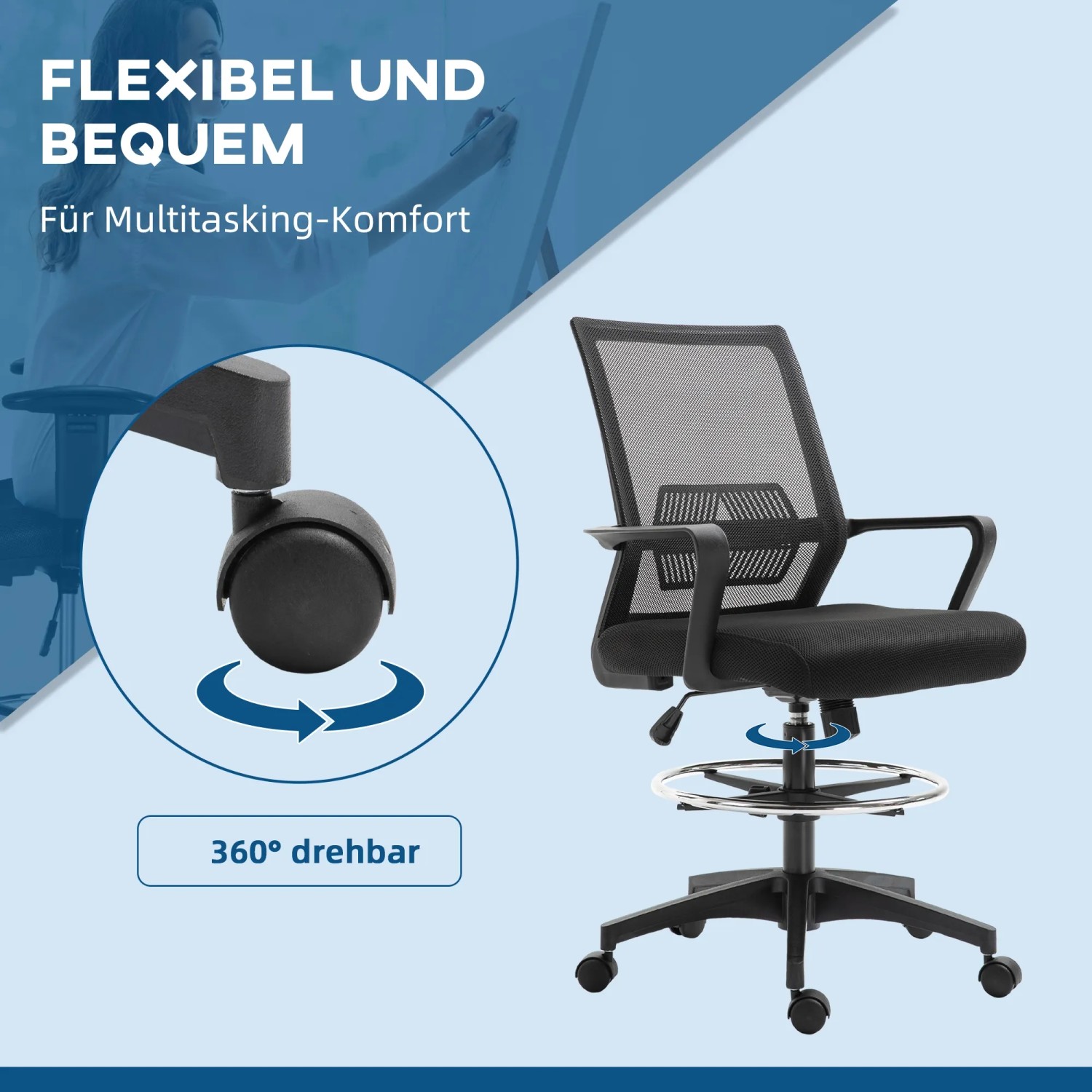 Schwarzer Vinsetto Bürostuhl mit Fußstütze, atmungsaktiver Rückenlehne und Rollen.