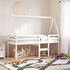 Weißes Hochbett aus Massivholz Kiefer mit Dachrahmen im Kinderzimmer, 90x200 cm. Ideal als Abenteuerbett.
