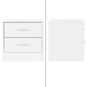 Weißer ML-Design Nachttisch mit 2 Schubladen und Alu-Griffen, Frontansicht und Seitenansicht.