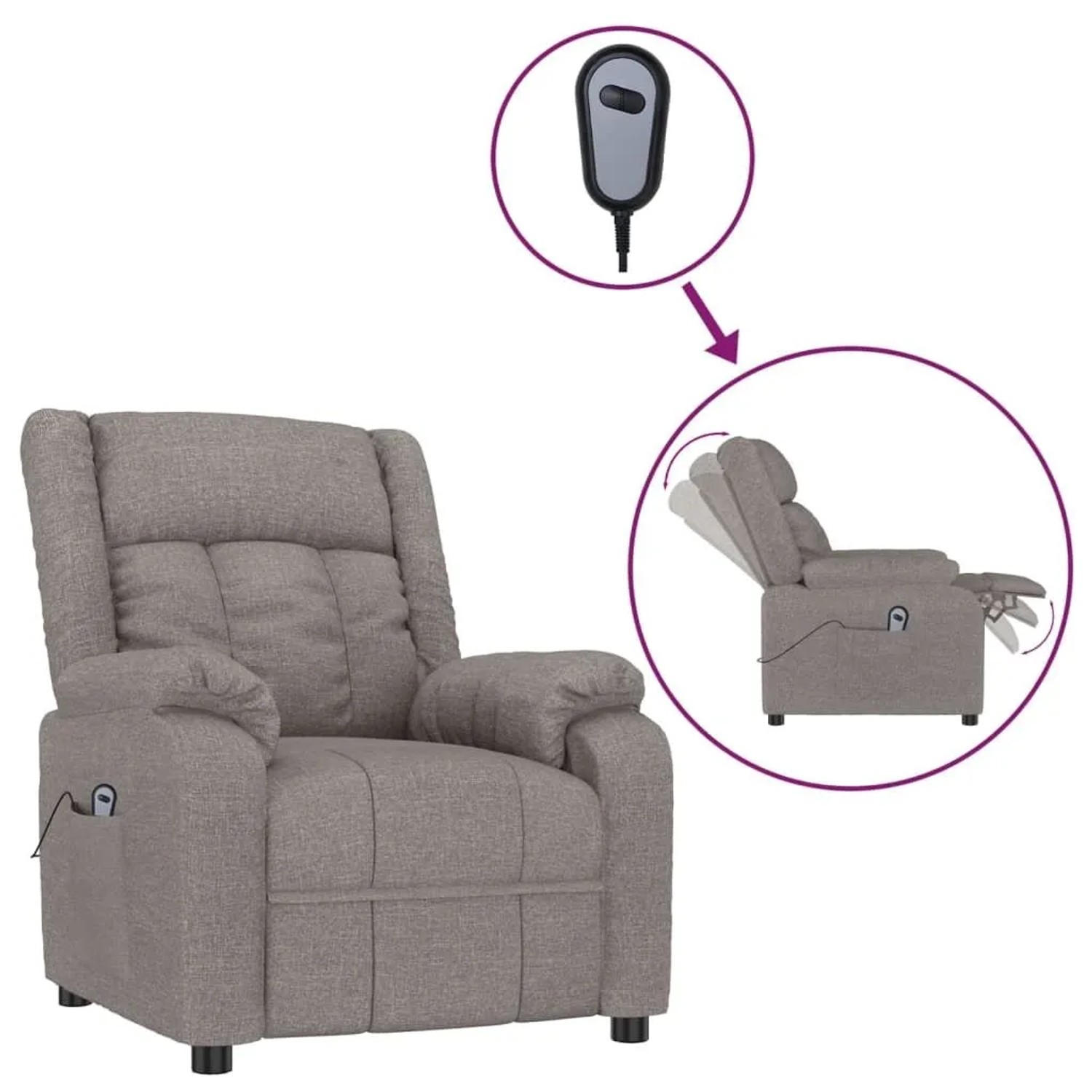 Elektrischer Relaxsessel in Taupe mit Fernbedienung und verstellbarer Rückenlehne.