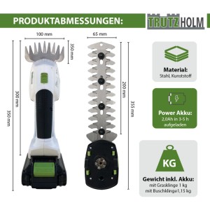 TRUTZHOLM Akku Rasentrimmer 20V 2in1 mit Maßen für Gras- und Strauchklinge.