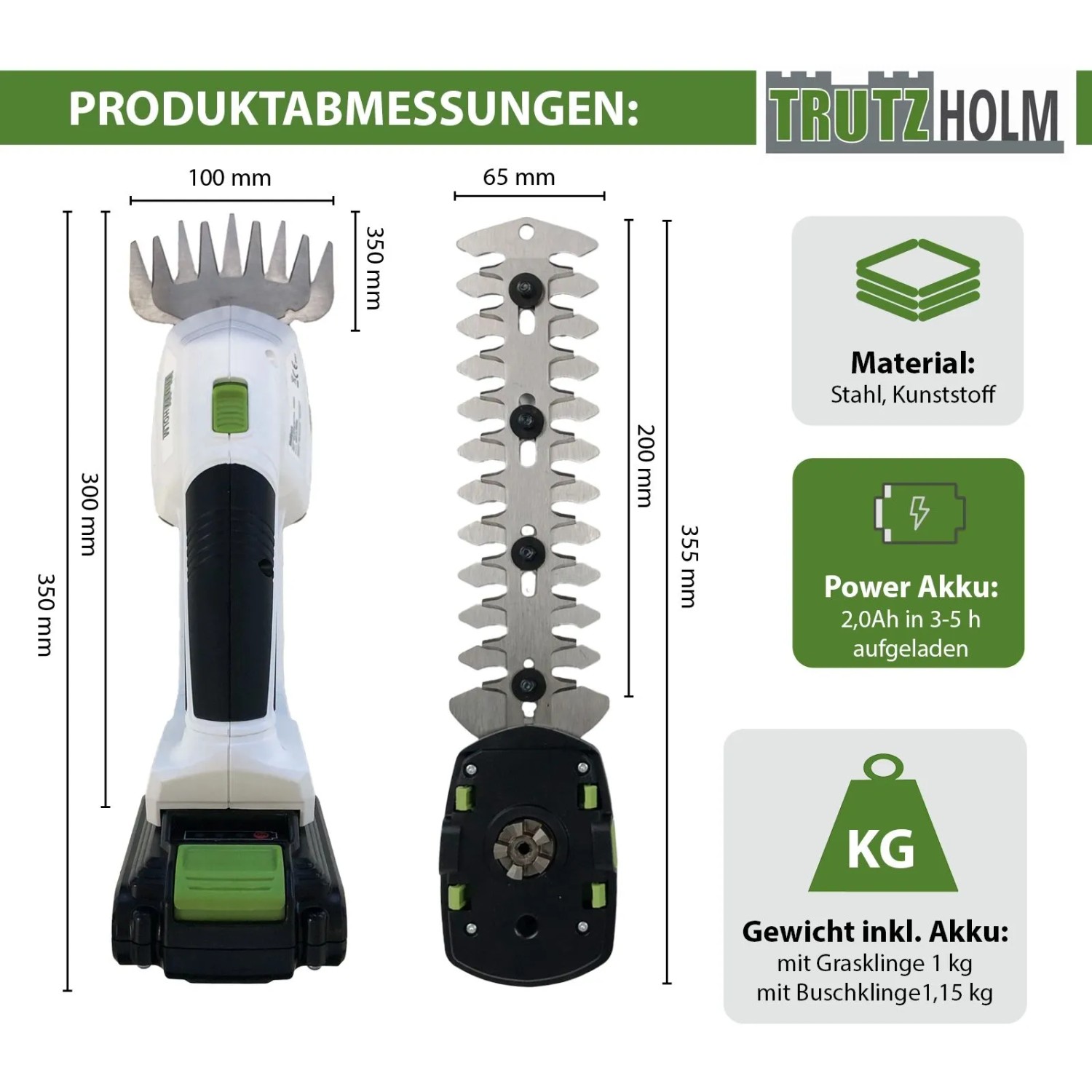TRUTZHOLM Akku Rasentrimmer 20V 2in1 mit Maßen für Gras- und Strauchklinge.