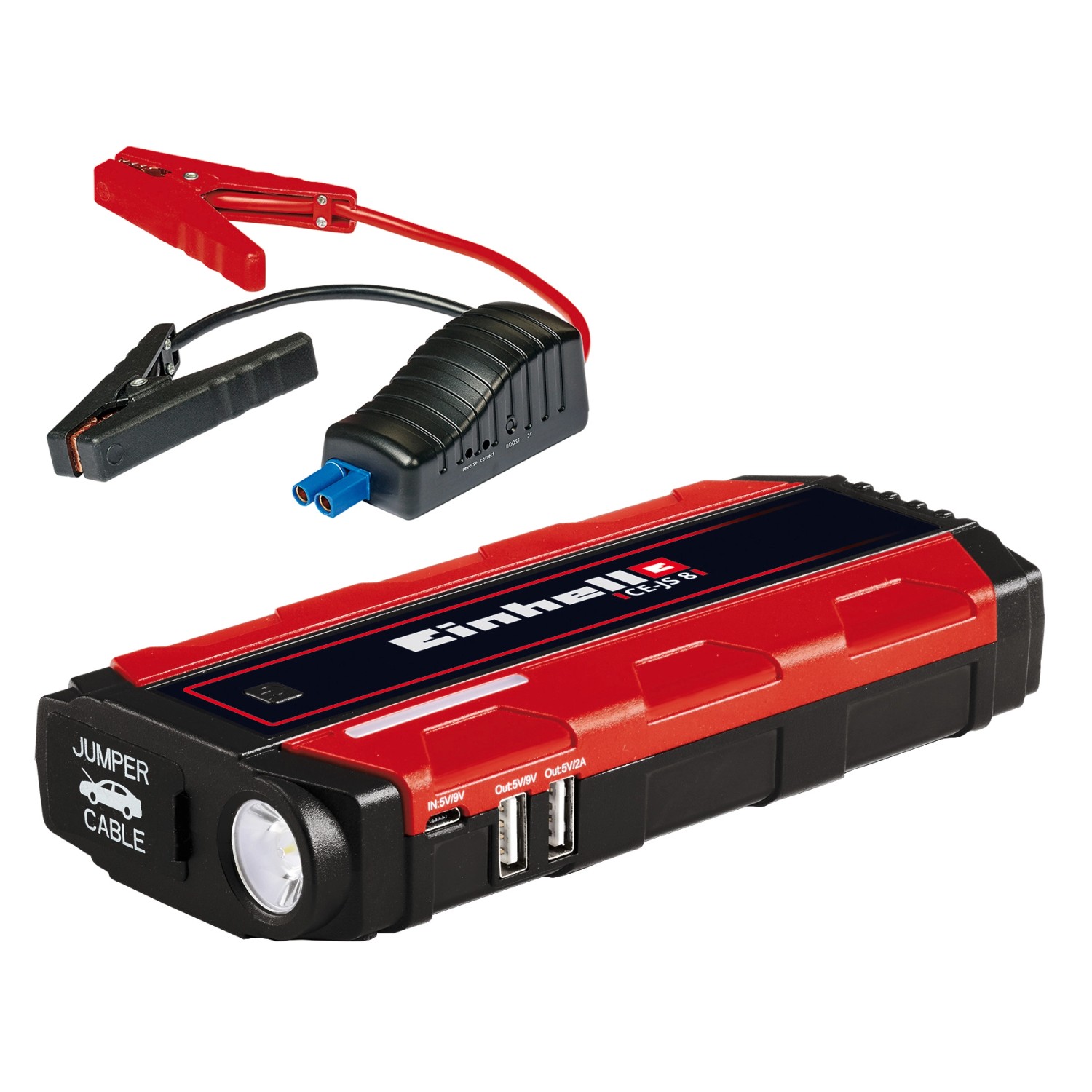 Einhell Power Bank CE-JS 8: Starthilfe, rote Powerbank mit Starthilfekabel und USB-Anschlüssen.