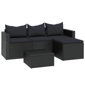 Schwarzes vidaXL Garten Lounge Set aus Poly Rattan mit Tisch, Sofa, Fußstütze und Kissen.