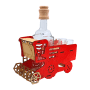 Roter Holz Mähdrescher mit Karaffe und 6 Schnapsgläsern. Dekoratives Geschenkartikel-Set aus Laserholz.