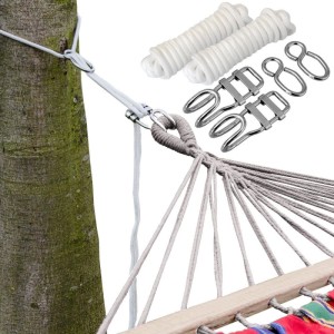 AMANKA Hängematten-Befestigungs-Set mit weißen Seilen, Stahlhaken & Ösen. Am Baum befestigt, 6m, 160kg Tragkraft.