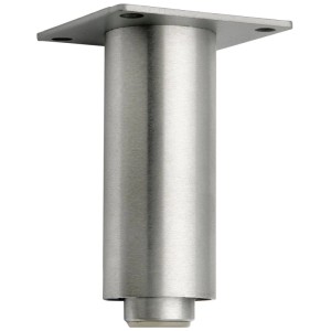 Runder Möbelfuß aus gebürstetem Aluminium, 120 mm lang, mit verstellbarem Kunststoffgleiter und quadratischer Montageplatte.