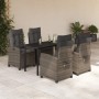 5-teilige Garten Essgruppe aus grauem Poly Rattan mit Tisch und 4 Sesseln mit Kissen.