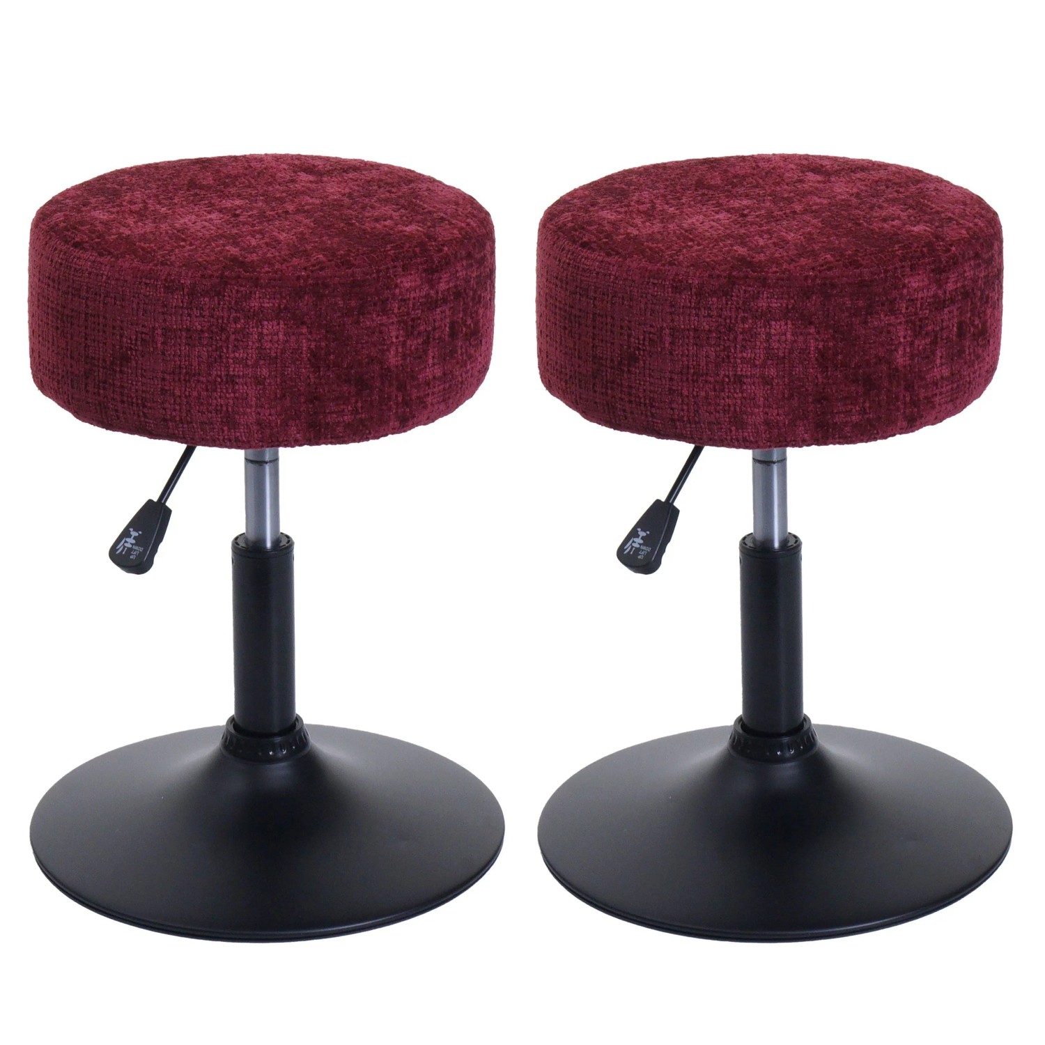 MCW 2er-Set Hocker C22 Höhenverstellbar Drehbar Ø 37cm Stoff Chenille Bordeaux