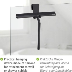 Schwarzer Wenko Badezimmerwischer Mola XXL mit Silikon-Wischfläche und Hängevorrichtung.