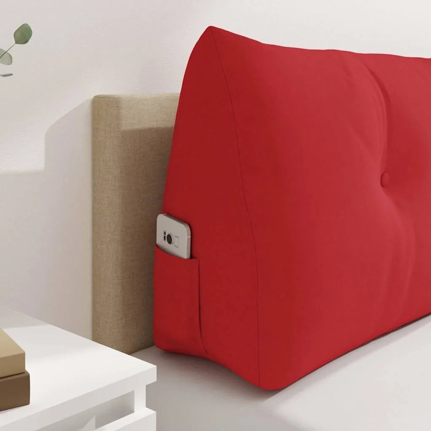 Rotes vidaXL Rückenkissen aus Stoff, ergonomisch geformt, mit praktischer Seitentasche für Smartphone. Ideal für Bett oder Sofa.