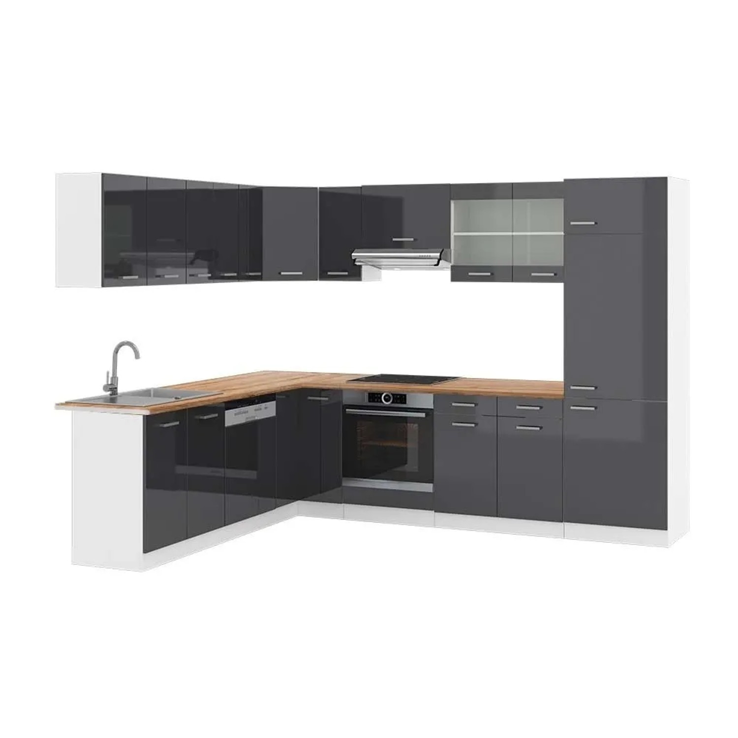 Vicco Eckküche R-Line Anthrazit Hochglanz/Weiß 287 x 82, AP Eiche