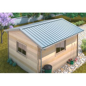 Sarei Enddeckel für SDF-Halbrundrinne Piccolo Alu Natur RG 80 am Dach eines Gartenhauses.