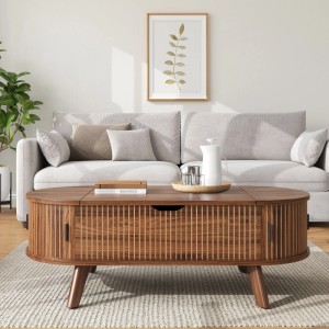Merax Couchtisch Oval Höhenverstellbar Schiebetüren Stauraum Rillenoptik