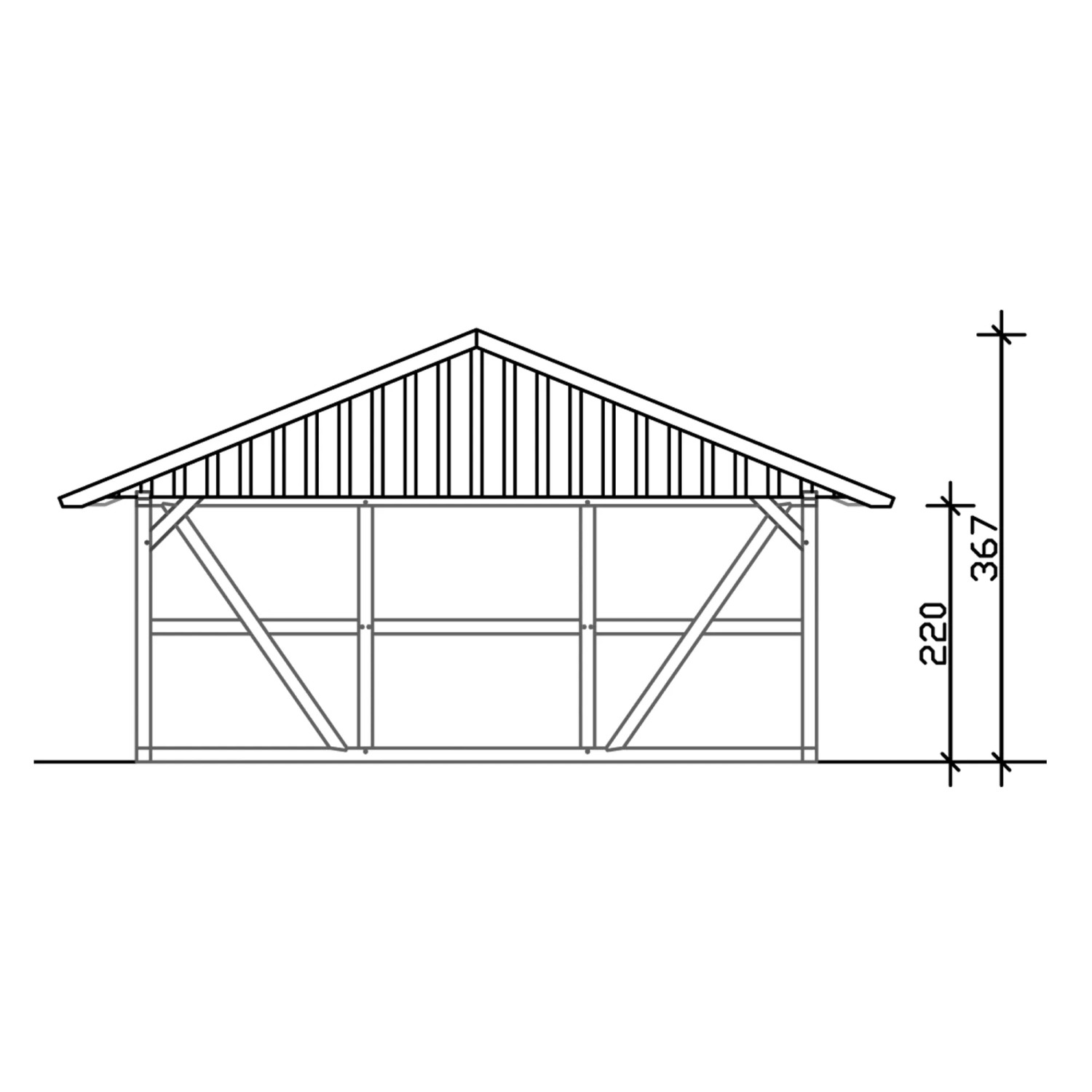 Technische Zeichnung: Skan Holz Carport Schwarzwald mit Dachschalung und Rückwand, Seitenansicht.