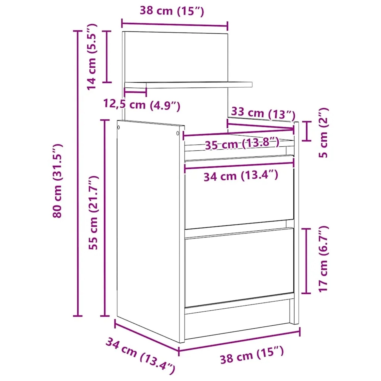 vidaXL Nachttisch mit 2 Schubladen Sonoma-Eiche 38x34x80 cm 861359_12