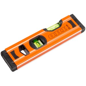 Orangefarbene OBI Wasserwaage, 20 cm, mit horizontaler und vertikaler Libelle.