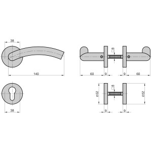 Technische Zeichnung: Basi Rosetten-Garnitur ZB 3300 Edelstahl C-Form Links, Maße und Details.
