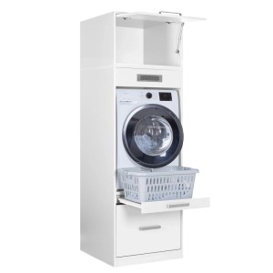 Weißer Inter Link Geräteschrank für Waschmaschine/Trockner, mit Wäschekorb-Ablage und Schublade.