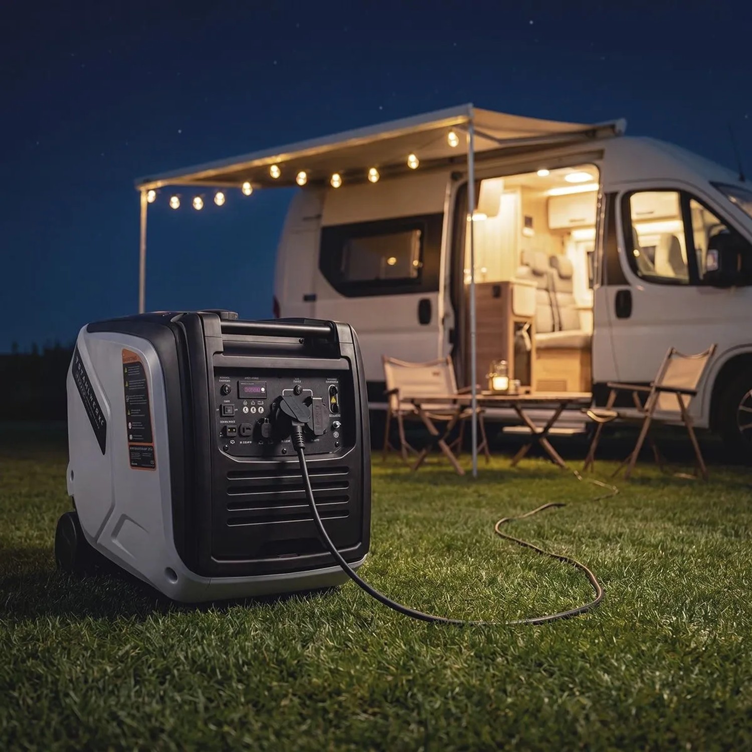 STAHLWERK IG 4000 ST Benzin Stromgenerator auf Gras, versorgt Camper Van mit Strom. Camping-Szene bei Nacht mit Lichterkette.