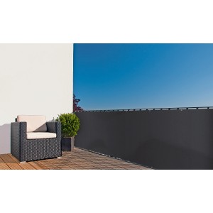 Anthrazitfarbene Noor Balkonblende 90x300 cm mit Ösen als Sichtschutz auf dem Balkon.