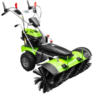 Zipper Kehrmaschine ZI-KM1000 mit Bürsten, Staubbeutel und Schneeschild.