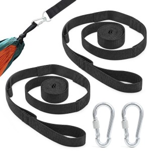 AMANKA Hängematten-Befestigung: 2 schwarze Polyester-Gurte mit Schlaufen, 2 Karabiner. Set zur sicheren Montage einer Hängematte.