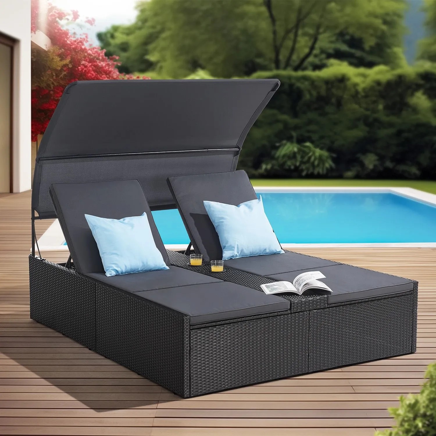 Schwarze Juskys Doppelliege Syros mit Dach, Polyrattan Gartenliege für 2 Personen mit Sonnenschutz.
