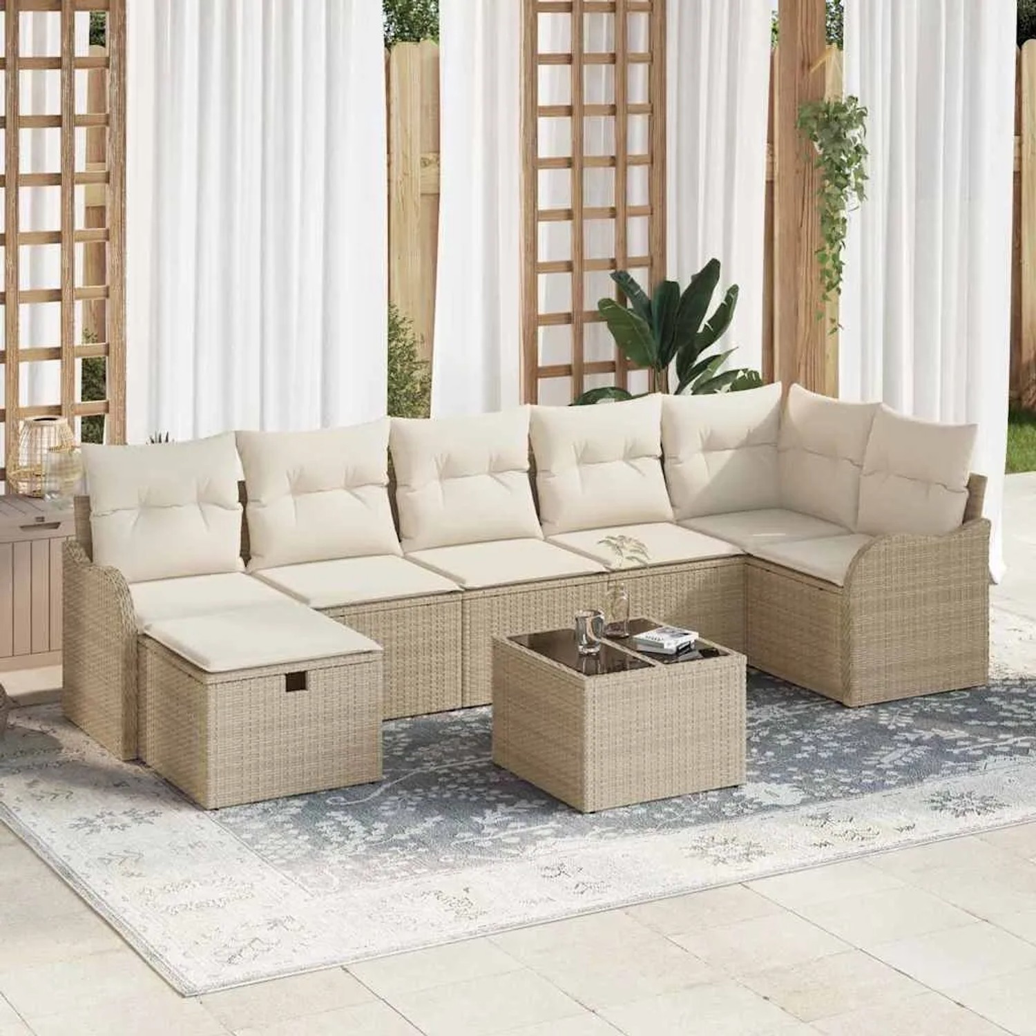 Beiges 8-tlg. vidaXL Garten-Sofa-Set aus Poly Rattan mit Kissen und Tisch.