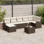 Braunes 8-teiliges Garten-Sofa-Set aus Rattan mit Kissen und Tisch.