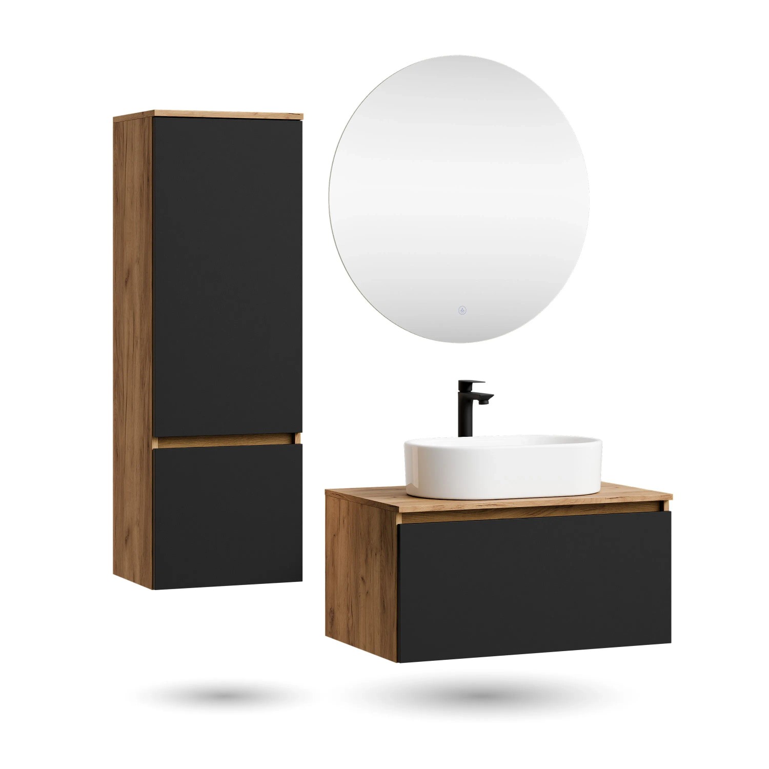 Planetmöbel ARISA Badmöbel Set 80 cm Schwarz mit Hochschrank NOVA LED Spiegel und Weißem Keramik Aufsatzwaschbecken 55 cm Soft Close