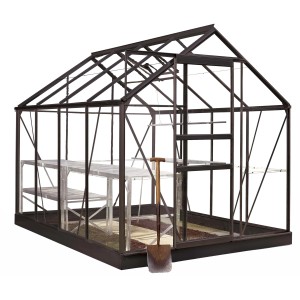 Halls Gewächshaus Popular 86, schwarz, 5 m² mit Regalen und Spaten. Ideal für Pflanzenzucht.