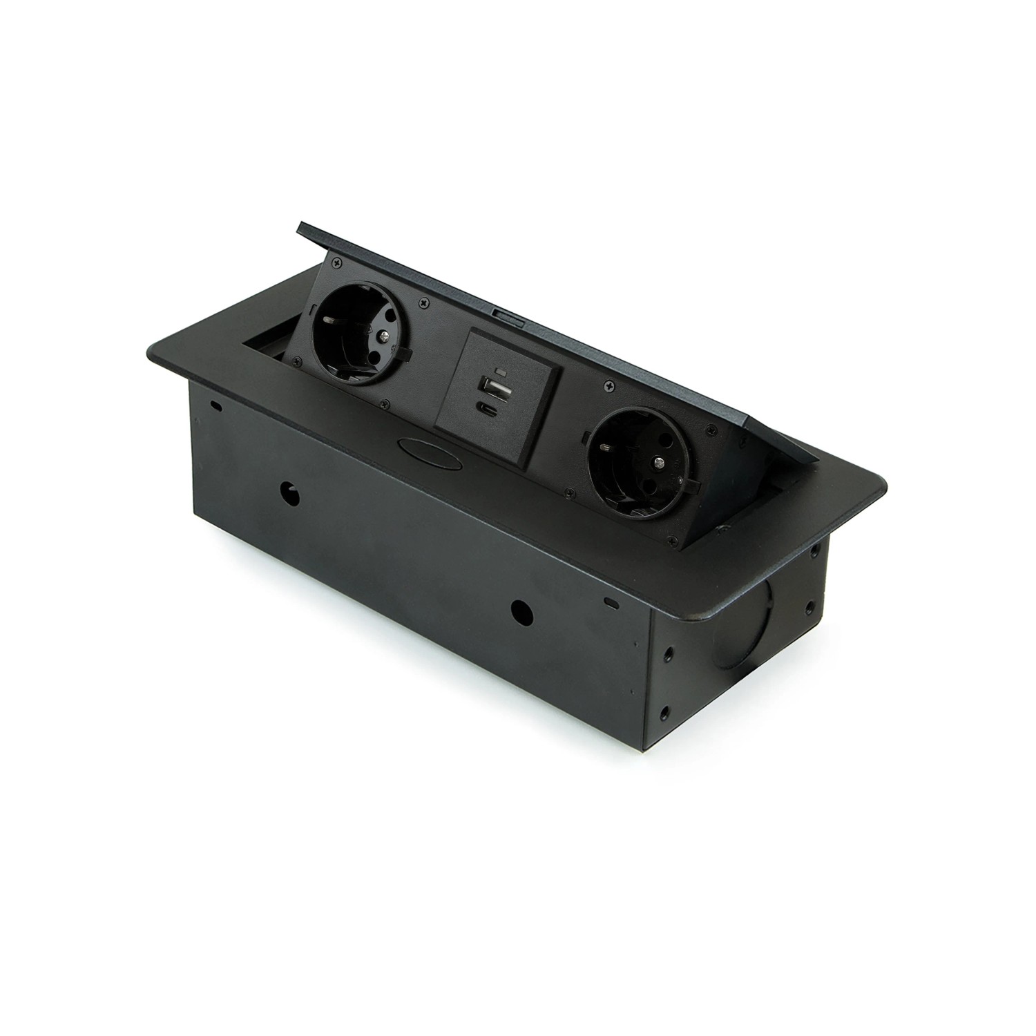 Emuca Desktop Multi Connector Atom 26 Lite 225x111mm 2 Schuko Stecker 1 USB Typ A 1 USB Typ C Zamak Stahl Kunststoff Schwarz
