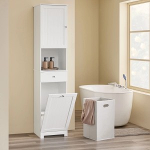 SoBuy Badezimmerschrank mit Wäschekorb Hochschrank Wäscheschrank Weiß 40x180x38cm BZR216-W