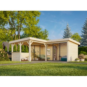 Palmako Pavillon Lenna Set 422, 588x588 cm, weiß lackiert. Weekendhaus mit Schiebetüren und Tresen.