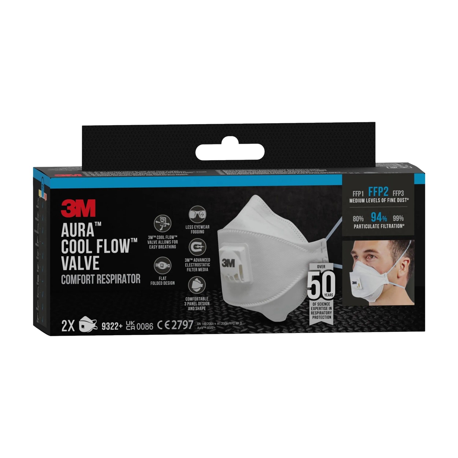 3M Aura Maske 9322+ FFP2 im 2er-Pack für Hand- und Maschinenschleifen mit Cool Flow Ventil.