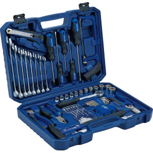 Offener, blauer LUX Werkzeugkoffer Classic, 54-teilig mit Werkzeugen wie Schraubenschlüssel, Hammer und Zangen.