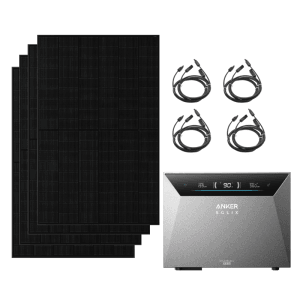Anker SOLIX Solarbank 4 E5000 Pro, vier schwarze bifaziale 2000W Solarmodule und Kabel für Balkonkraftwerk.
