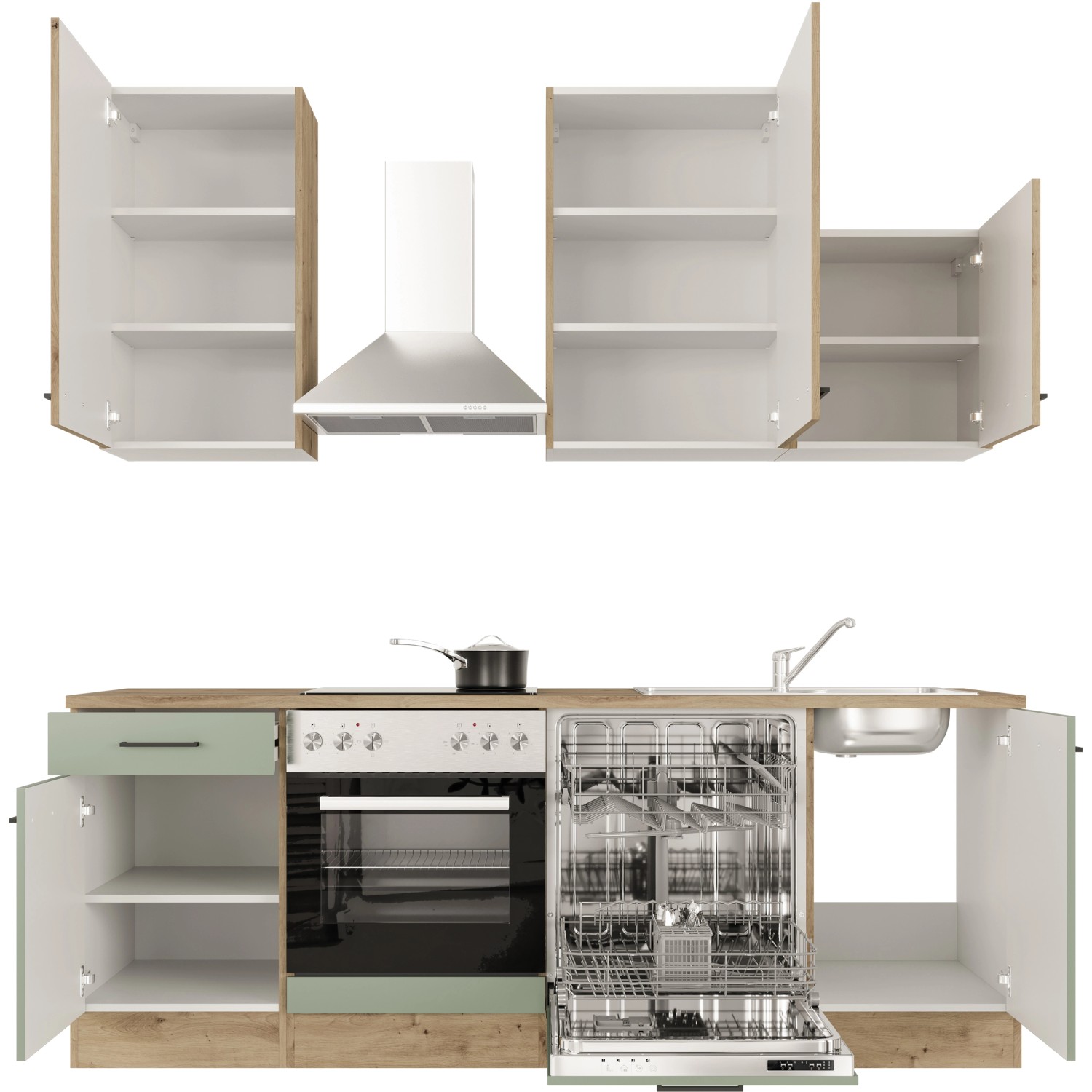 Flex-Well Küche Cara in Schilfgrün/Artisan Eiche mit E-Geräten und Spüle.