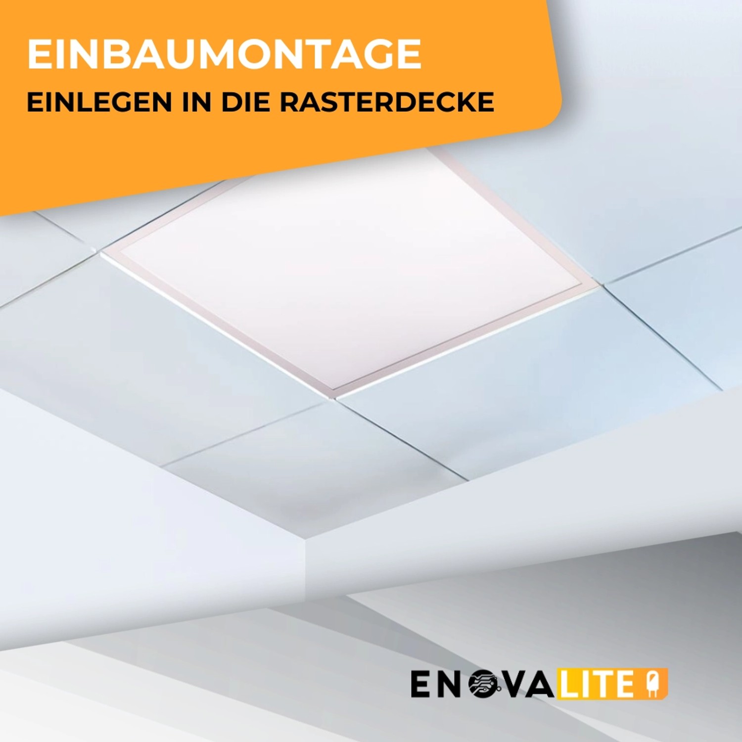 Eingebaute ENOVALITE LED Panel Deckenleuchte 62x62 cm in Rasterdecke, warmweißes Licht.