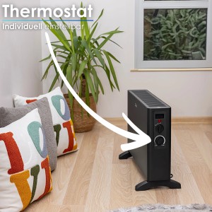 Schwarzer Zilan Konvektor Heizung 2000W im Wohnraum mit Thermostat im Fokus.