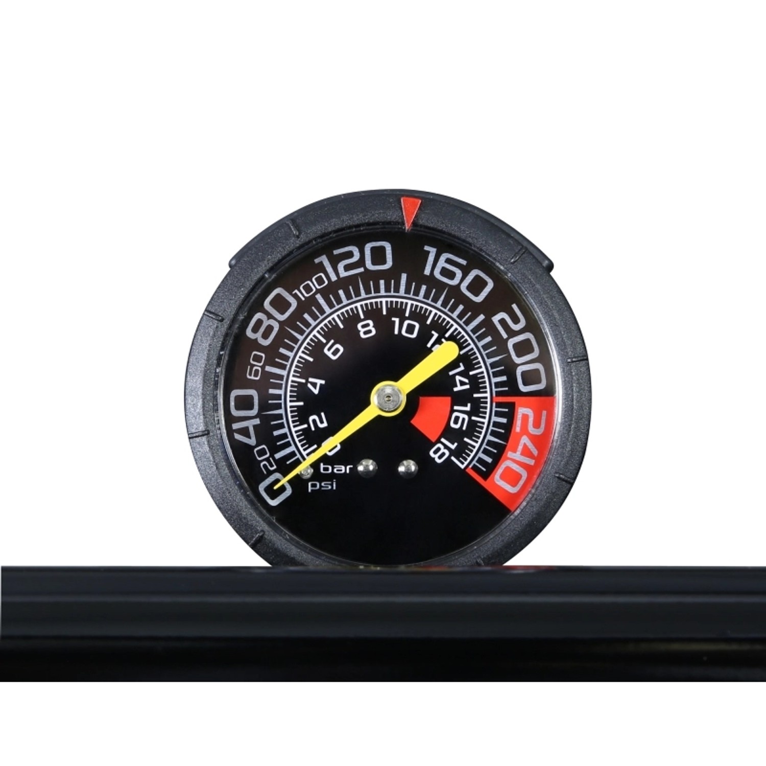 Detailaufnahme Manometer der Force Standpumpe, Anzeige bis 18 Bar.