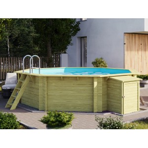 Karibu Holzpool Set mit Filteranlage und Skimmer im Garten, Leiter und Geräteschrank inklusive.