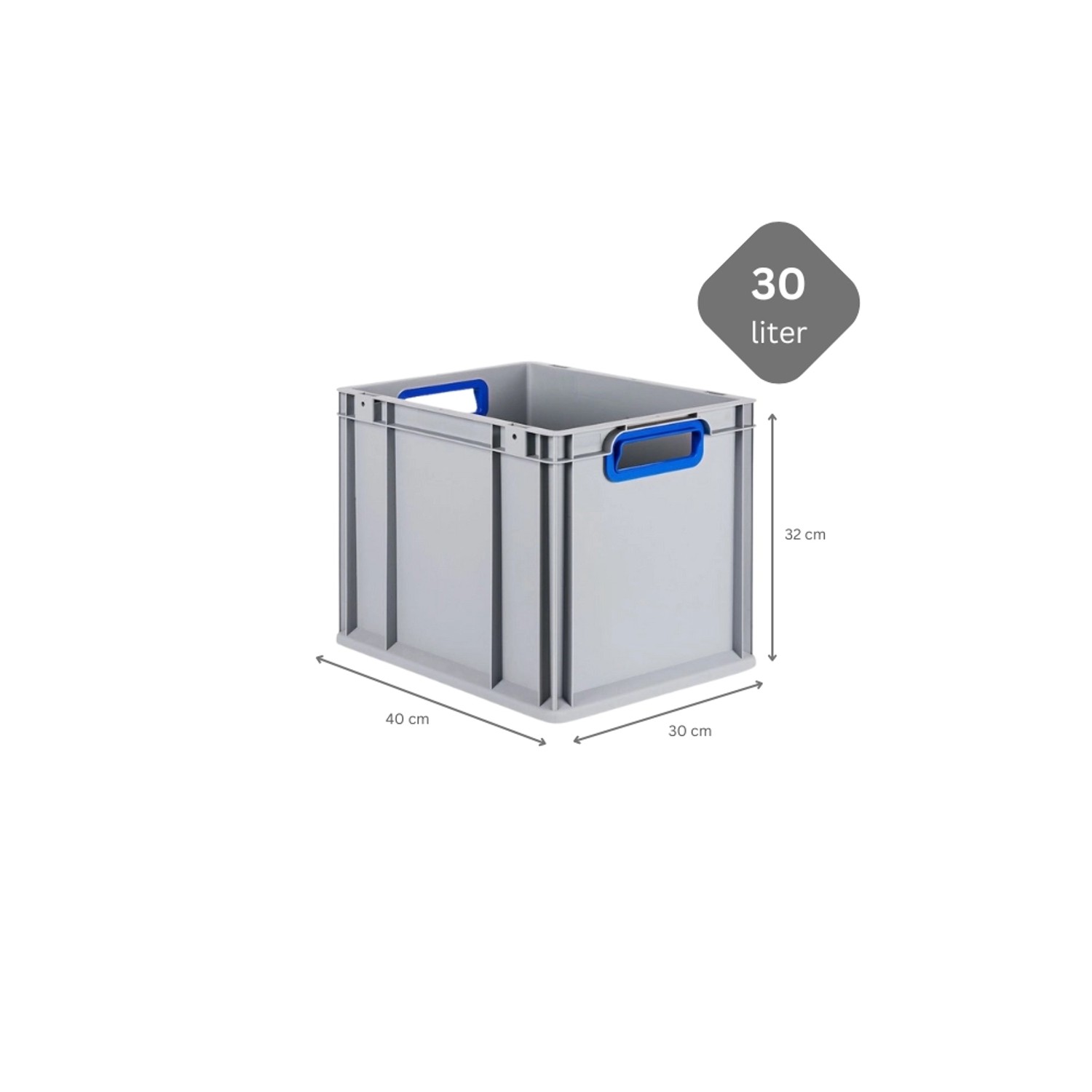 Graue 30L Eurobox mit blauen Griffen, PROREGAL Nextgen. Stapelbare Aufbewahrungsbox für Industrie und Gewerbe.