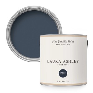 Laura Ashley Wandfarbe Midnight Seaspray Blau, 2,5 l Dose, geöffnet und geschlossen dargestellt.